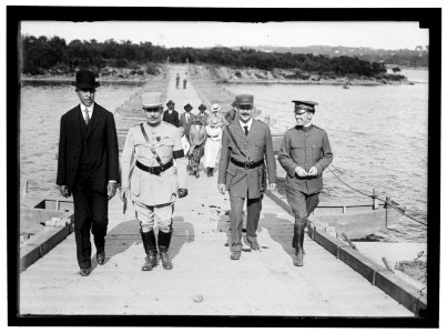 French Officers with US Army Eng. Col. US Army Engineering unit bulding a pontoon bridge at Washington Barracks, Washington, D.C. LOC hec.10897