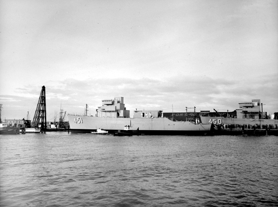 French minesweepers Bir Hakeim (M614) and Berneval (M613) fitting out c1953