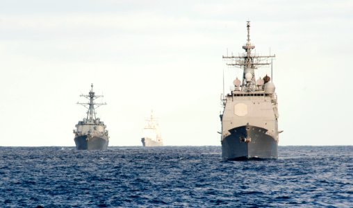 From left, the guided missile destroyer USS James E. Williams (DDG 95), the guided missile cruiser USS Leyte Gulf (CG 55) and the guided missile cruiser USS Vella Gulf (CG 72), all assigned to Destroyer Squadron 140318-N-WX580-029 photo