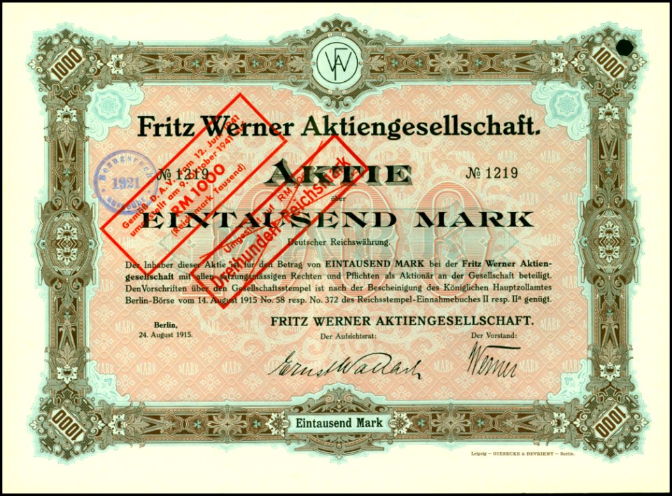 Fritz Werner AG 1915 1000 Mk
