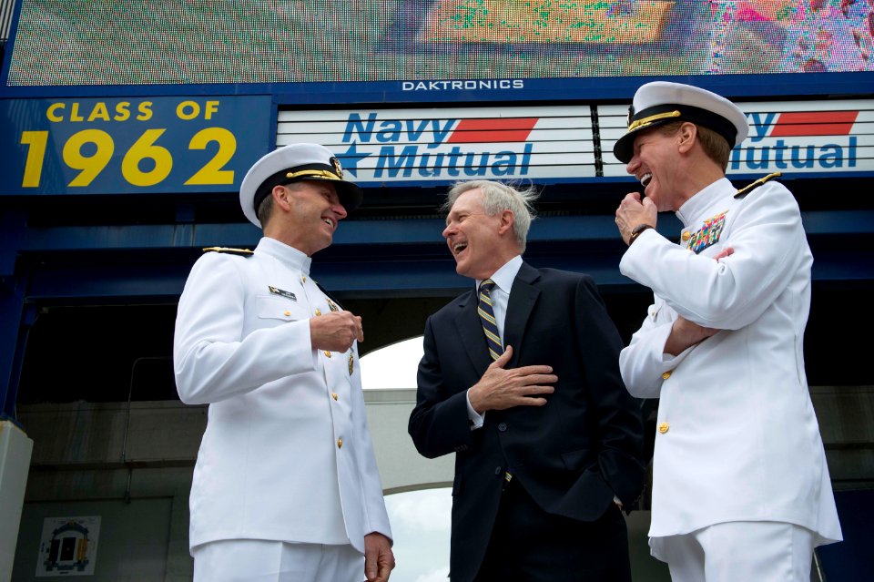 From left, Chief of Naval Operations U.S. Navy Adm. Jonathan W. Greenert, Secretary of the Navy Ray Mabus and Superintendent of the U.S. Naval Academy Vice Adm. Mike Miller reminisce about their days at 130524-N-WL435-025
