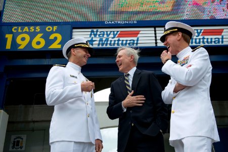 From left, Chief of Naval Operations U.S. Navy Adm. Jonathan W. Greenert, Secretary of the Navy Ray Mabus and Superintendent of the U.S. Naval Academy Vice Adm. Mike Miller reminisce about their days at 130524-N-WL435-025 photo