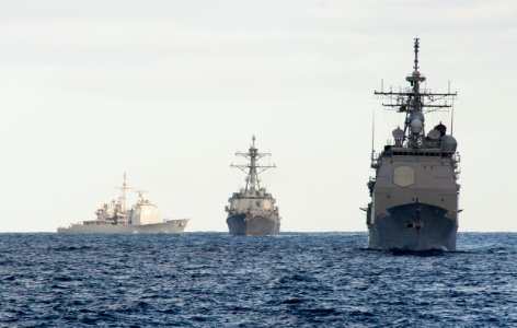 From left, the guided missile cruiser USS Leyte Gulf (CG 55), the guided missile cruiser USS Vella Gulf (CG 72) and the guided missile destroyer USS James E. Williams (DDG 95), all assigned to Destroyer Squadron 140318-N-WX580-019