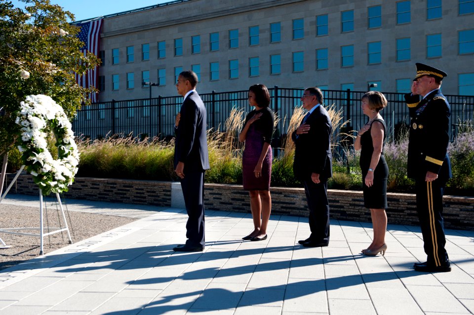 From left, President Barack Obama; first lady Michelle Obama; Secretary of Defense Leon E. Panetta; Deanie Dempsey; and U.S. Army Gen. Martin E. Dempsey, the chairman of the Joint Chiefs of Staff, observe 120911-D-TT977-107