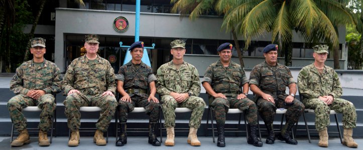 From left, U.S. Marine Corps Maj. Romeo Cubas, the detachment officer in charge; Col. Michael T. Cuccio, the chief of staff of Marine Corps Forces South; Guatemalan Marine Corps Col. Medardo Monterroso Suarez 140729-N-QY430-009