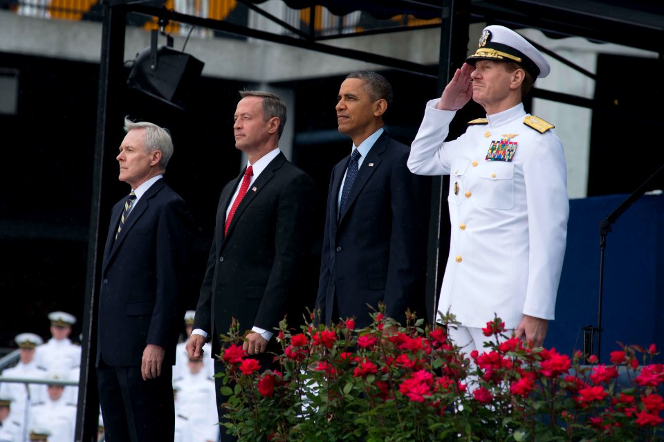 From right, U.S. Navy Vice Adm. Mike Miller, the superintendent of the U.S. Naval Academy; President Barack Obama; Maryland Gov 130524-N-WL435-158