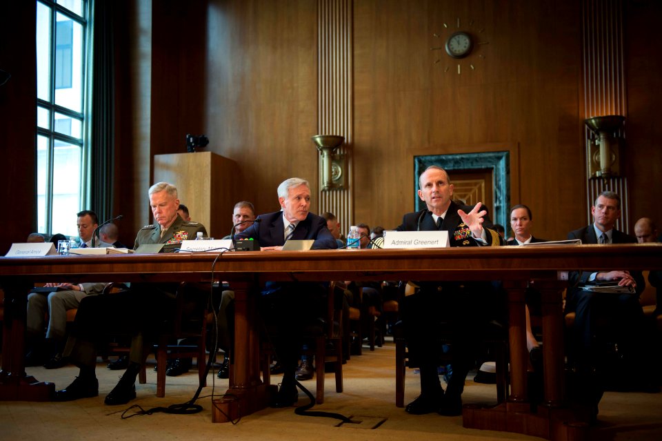 From right, U.S. Navy Adm. Jonathan Greenert, the chief of Naval Operations, testifies about the fiscal year 2014 budget with Secretary of the Navy Ray Mabus and Marine Corps Gen. James Amos, the commandant 130424-N-WL435-195