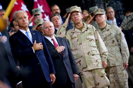From left, Vice President Joe Biden, Secretary of Defense Robert M. Gates, Chairman of the Joint Chiefs of Staff Navy Adm. Mike Mullen and U.S. Marine Corps Gen. Gen. James Mattis, the commander of U.S. Central 100901-N-TT977-147
