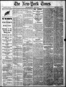 Front page of New York Times, Monday, Apr. 10, 1865, with news of Lee's surrender LCCN2006682583