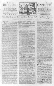 Front page of The Boston Gazette, Nov. 26, 1787 containing letter to the editor from A Federalist concerning constitutional convention LCCN2004679481