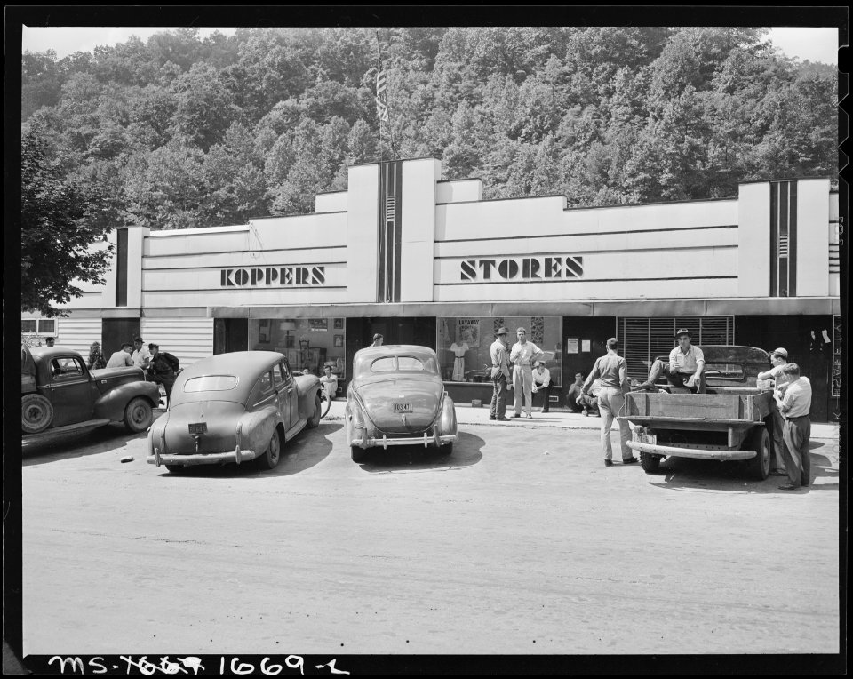 Front of company store. Koppers Coal Division, Kopperston Mine, Kopperston, Wyoming County, West Virginia. - NARA - 540902