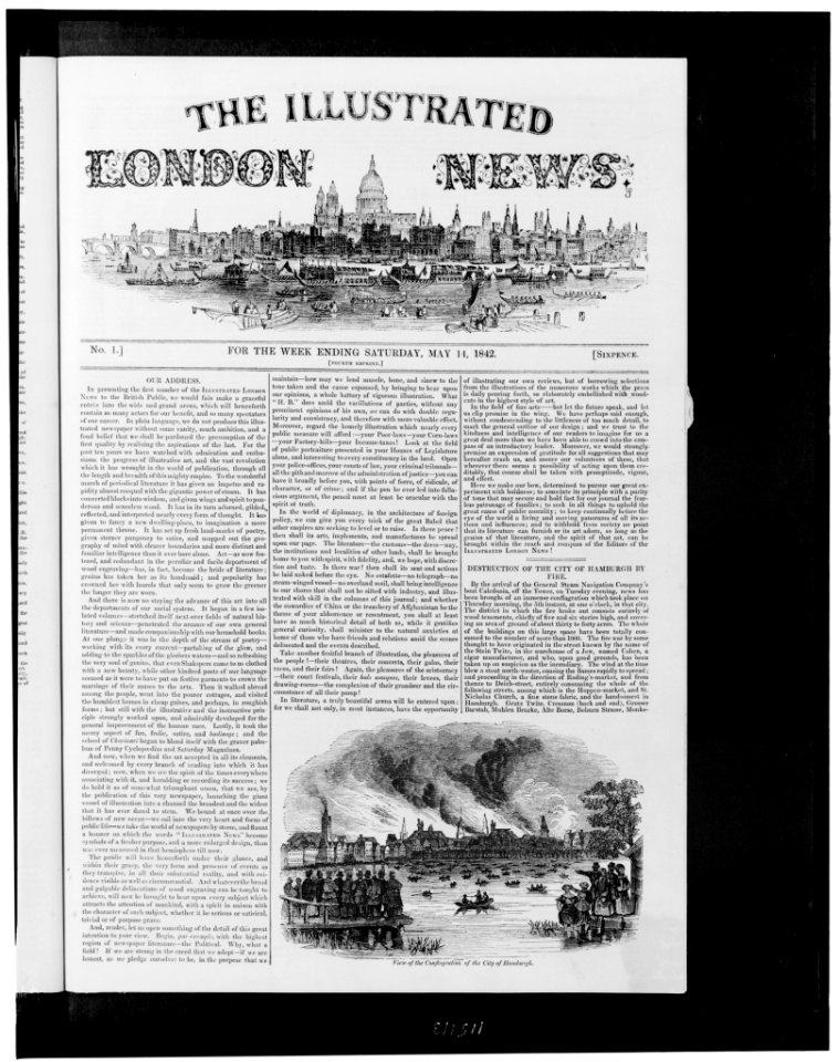 Front page of the Illustrated London news, illustrated with view of London from waterfront, and view of the destruction of the city of Hamburg by fire LCCN95514551