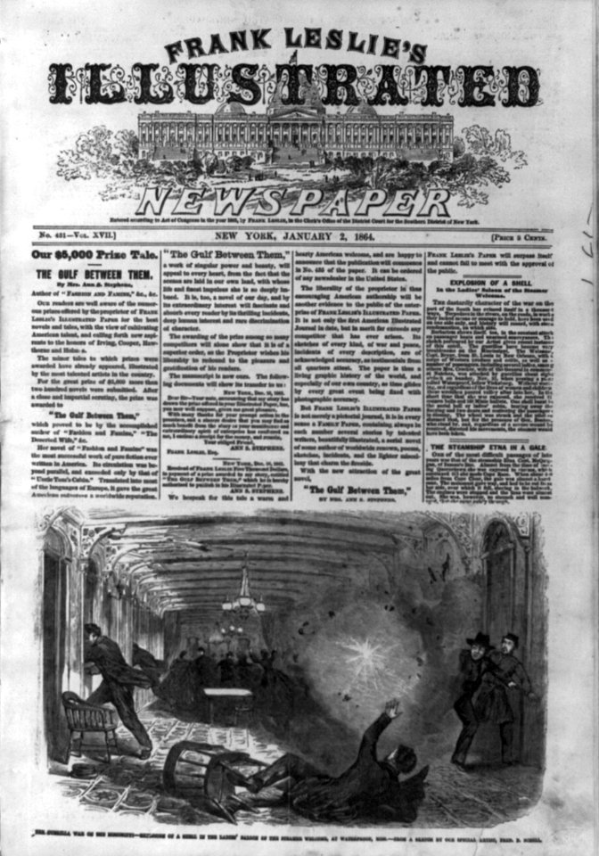 Front page of Frank Leslie's Illustrated Newspaper, 1864 Jan. 2, with illustration- The Guerilla War on the Mississippi - Explosion of a Shell in the Ladies' Saloon of the Steamer WELCOME, LCCN2002709418