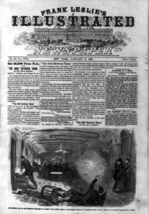 Front page of Frank Leslie's Illustrated Newspaper, 1864 Jan. 2, with illustration- The Guerilla War on the Mississippi - Explosion of a Shell in the Ladies' Saloon of the Steamer WELCOME, LCCN2002709418