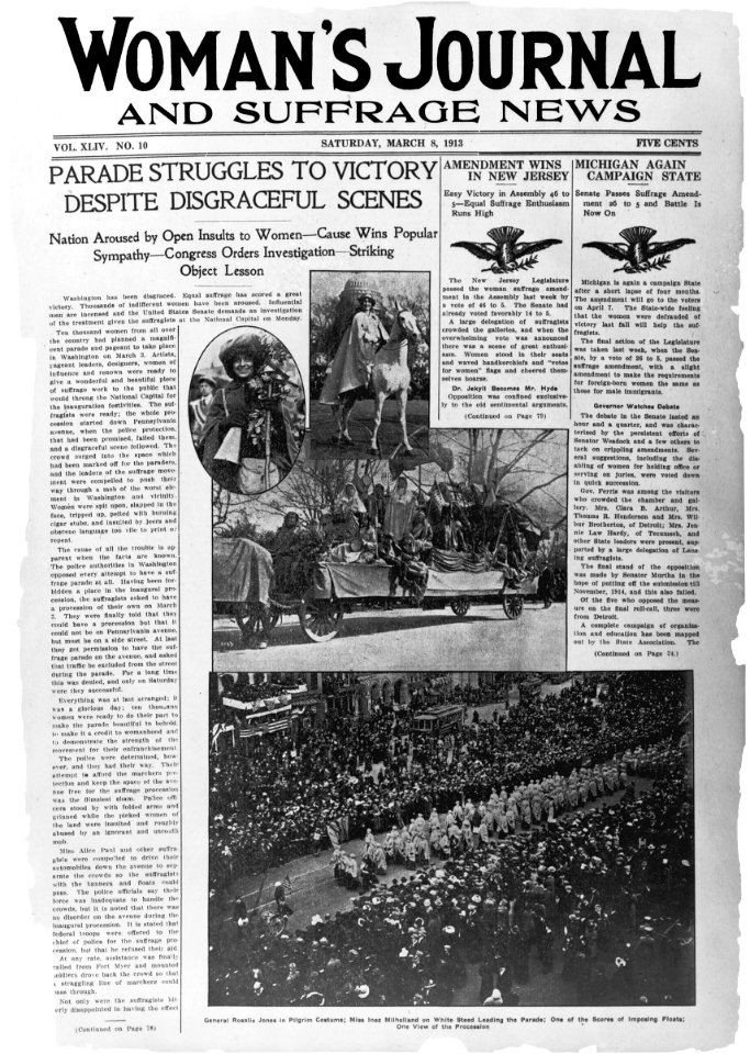 Front page of the Woman's journal and suffrage news with the headline- Parade struggles to victory despite disgraceful scenes showing images of the women's suffrage parade in Washington, LCCN2002716777