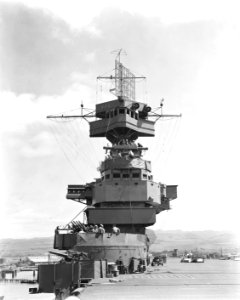 Front view of the island of USS Enterprise (CV-6) in March 1942