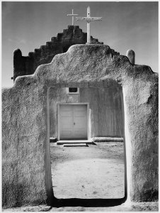 Front view of entrance, Church, Taos Pueblo National Historic Landmark, New Mexico, 1942 (Misicn de San Gercnimo) (ver - NARA - 519983