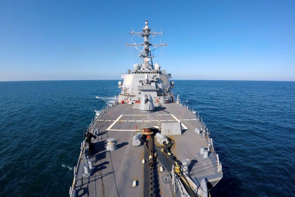 Front view of USS Carney (DDG-64) in the Atlantic from forecastle 170407-N-ZE250-388