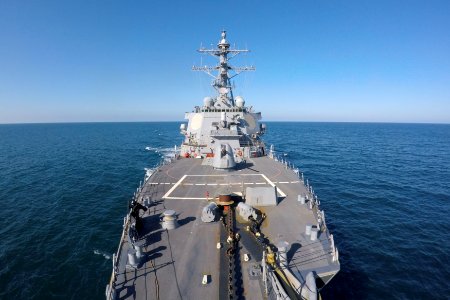 Front view of USS Carney (DDG-64) in the Atlantic from forecastle 170407-N-ZE250-388