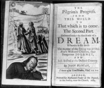 Frontis. and title page from The Pilgrim's Progress...by John Bunyan; frontis. shows author dreaming and pilgrims progressing LCCN2002706682