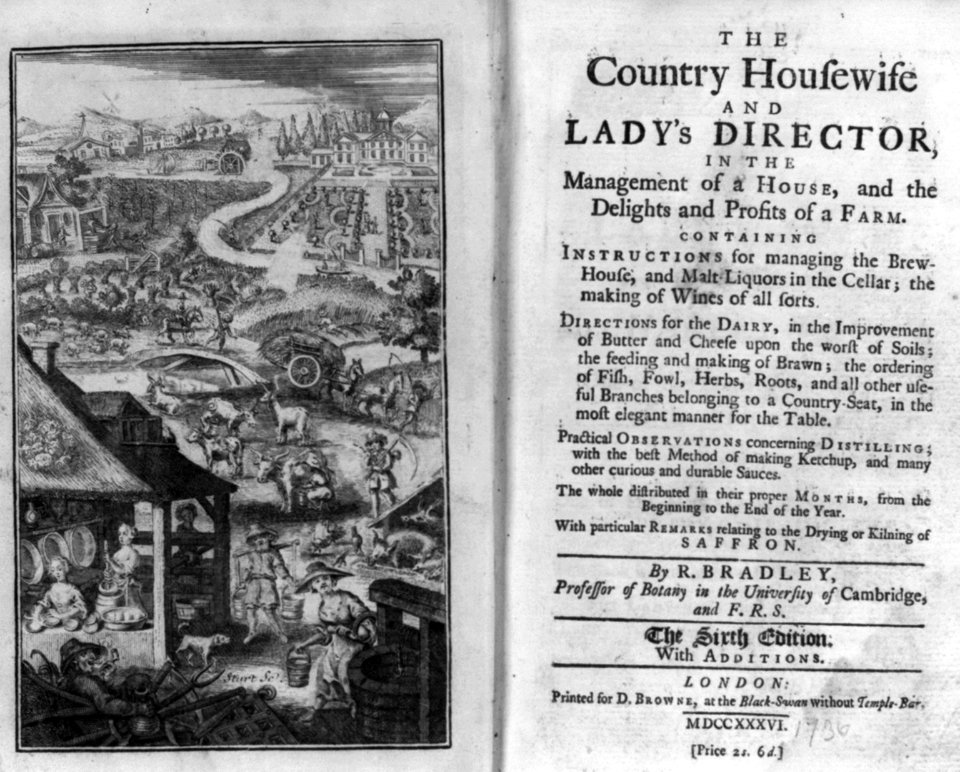 Frontispiece and title page of Richard Bradley's The Country Housewife and Lady's Director; frontis illust. panorama of farming scenes LCCN2003674987