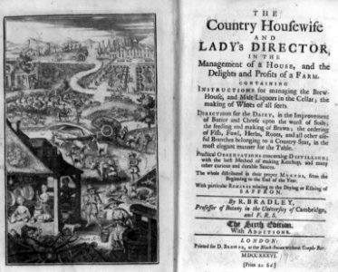 Frontispiece and title page of Richard Bradley's The Country Housewife and Lady's Director; frontis illust. panorama of farming scenes LCCN2003674987