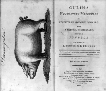 Frontispiece Transmigration (engraving of pig by Barker after drawing by H. Cave) and title page of Ignotus, Culina Famulatrix Medicinae. 1805 LCCN2003674989
