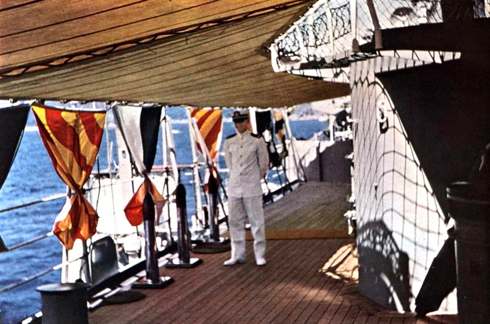 Full dress ship aboard USS Worcester (CL-144), in 1957