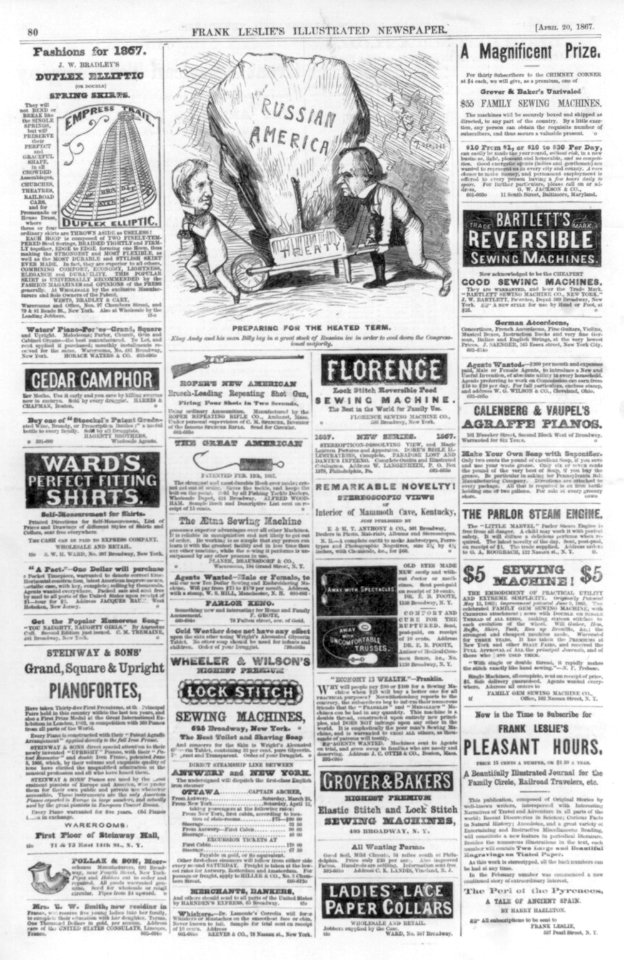Full page of advertisements and a political cartoon Preparing for the heated term; King Andy and his man Billy lay in a great stock of Russian ice in order to cool down the Congressional LCCN99614050