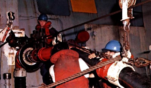 Fueling hose aboard USS Coral Sea (CVA-43), circa in 1972