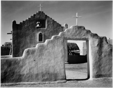 Full side view of entrance with gate to the right, Church, Taos Pueblo National Historic Landmark, New Mexico, 1941. ( - NARA - 519985