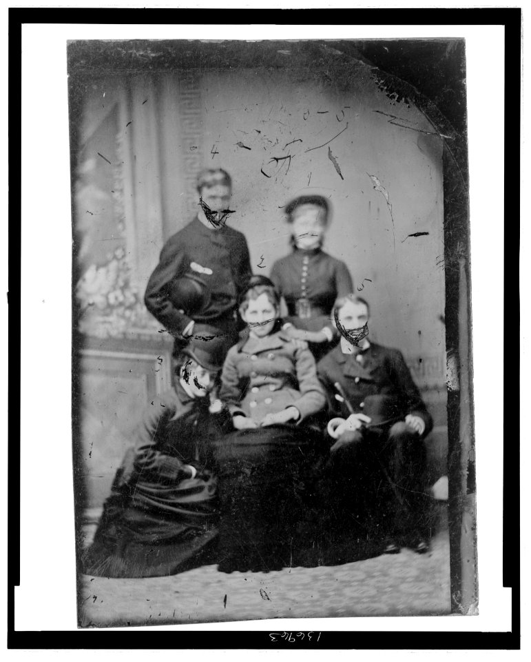 Full-length group portrait of two men and three women LCCN2006689633