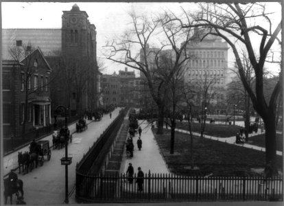 Funeral of John Pierpont Morgan- Bird's-eye view of funeral procession, with horses and carriages at corner of E. 15th St., NYC LCCN2002715429