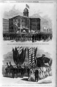 Funeral service of President Lincoln, at Chicago, May 1 - 1. Reception of the remains at the Court House; 2. Thirty-six young ladies of the high school strewing the bier with garlands and LCCN99613995