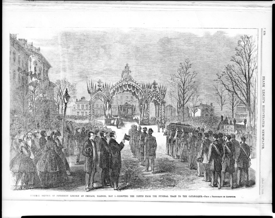 Funeral service of President Lincoln at Chicago, Illinois, May 1. Removing the coffin from the funeral train to the catafalque LCCN99613994
