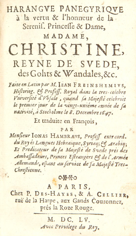 Författare Johann Freinsheim 1608-1660. Hyllnings bok i drottning Kristinas ära - Skoklosters slott - 91429