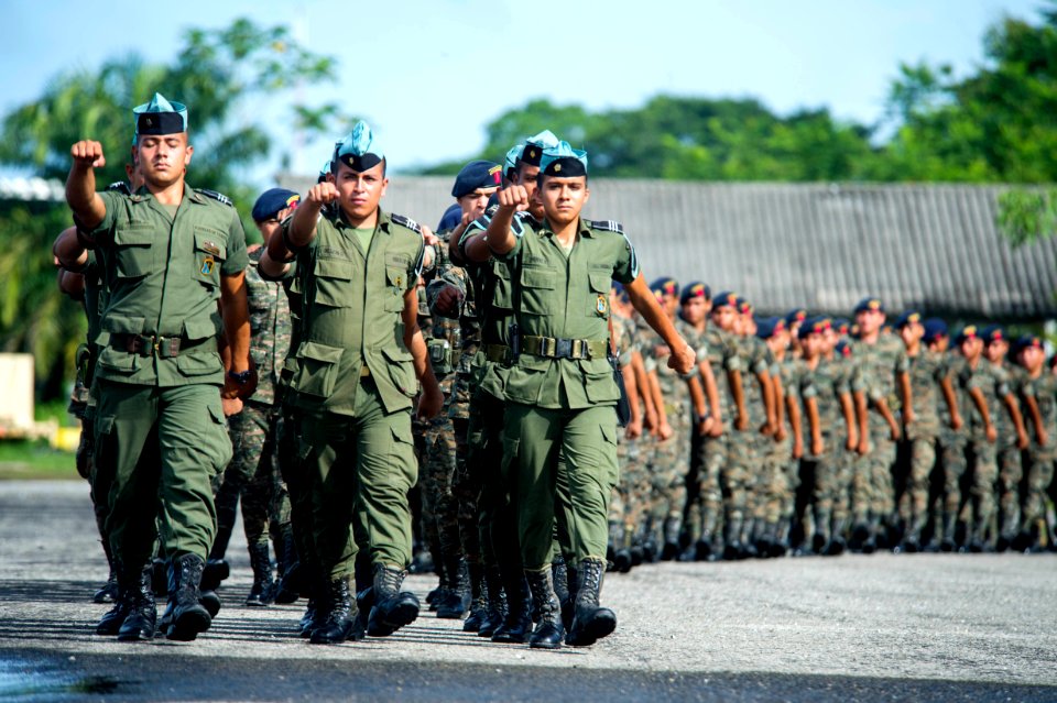 Guatemalan service members participate in a closing ceremony at the Guatemalan Marine Brigade base in Puerto Barrios, Guatemala, Aug. 22, 2014, as part of Southern Partnership Station (SPS) 2014 140822-N-XQ474-017