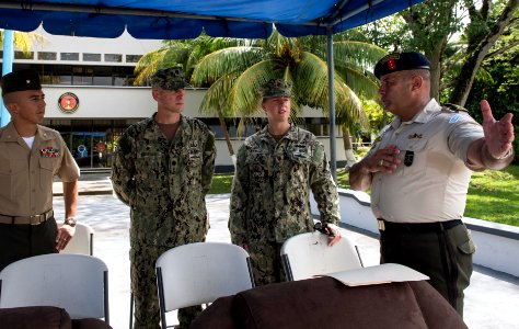 Guatemalan Naval Infantry Force Coronel Jose Ricardo Sosa Mirón, right, speaks to, from left, U.S. Marine Corps Maj. Romeo Cubas, the Southern Partnership Station (SPS) 2014 detachment officer in charge; U.S. Nav 140808-N-QY430-002