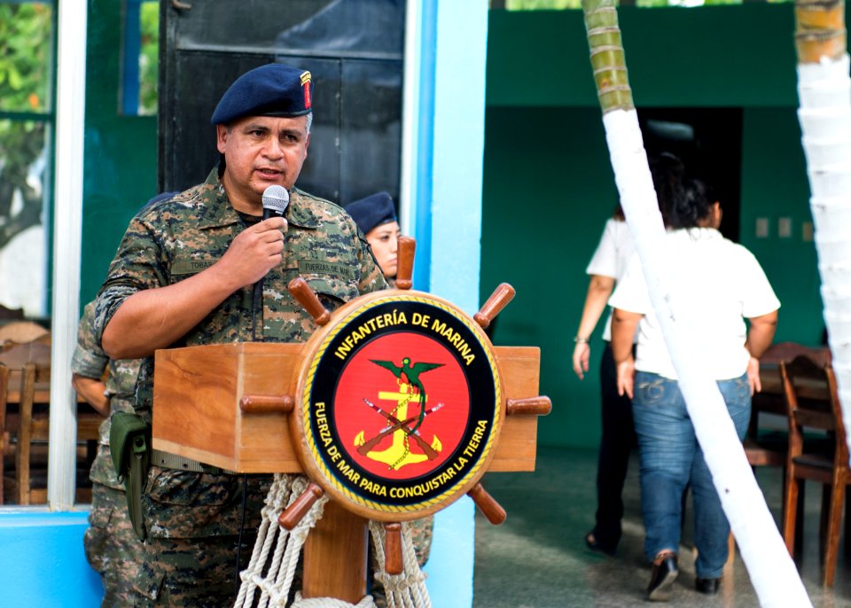 Guatemalan Navy Capt. Saul Arnoldo Tobar Garcia speaks during a ceremony at the city library in Puerto Barrios, Guatemala, Aug. 21, 2014, during Southern Partnership Station (SPS) 2014 140821-N-XQ474-174