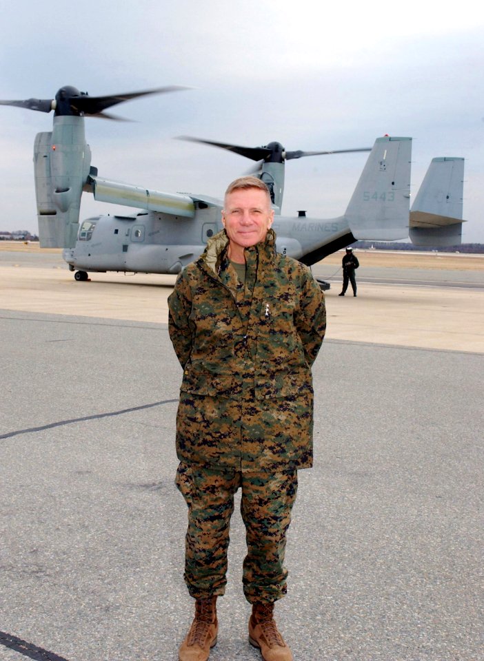 US Navy 030108-N-9999C-001 Gen. Michael W. Hagee, new Commandant of the Marine Corps, takes the first VIP flight in a V-22