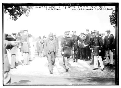 Haldane leaving reviewing grounds, West Point - Gen. C.P. Townsey, Capt. E.R. Householder, Capt. K.S Gregory LCCN2014694021
