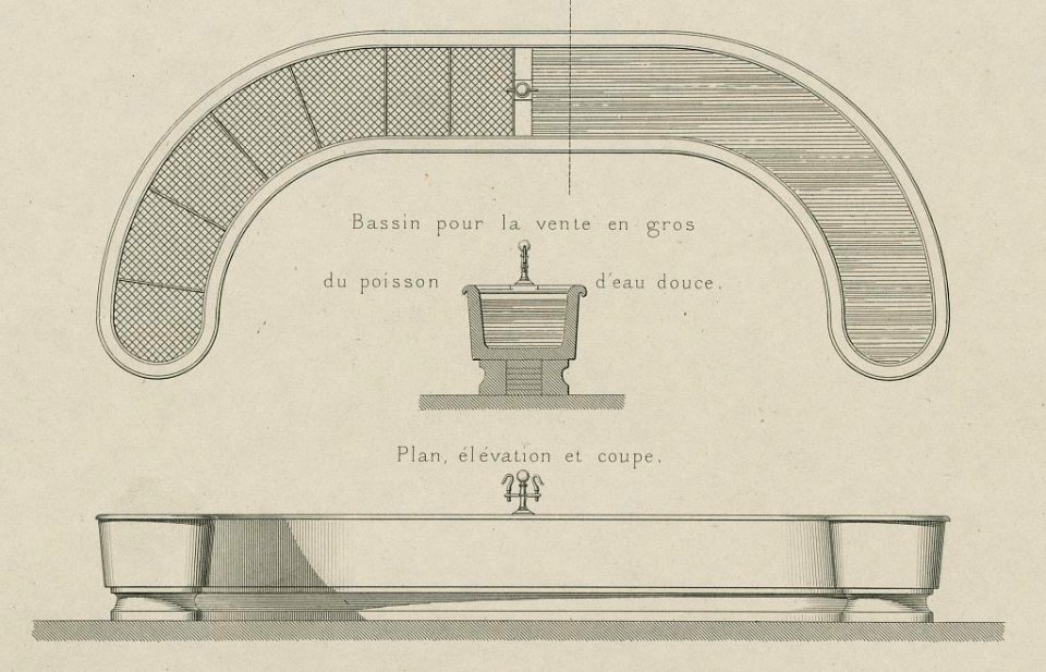 Halles centrales de Paris - aménagements du rez-du-chaussée. Bassin pour la vente en gros du poisson d'eau douce. - V. Baltard, archte ; Bertrand, gravr. LCCN2006686195
