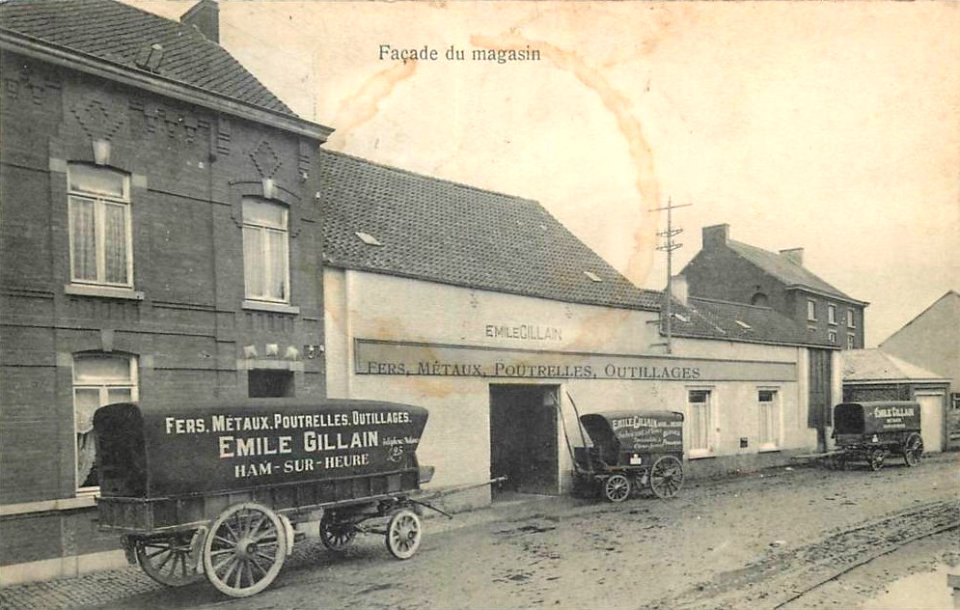 Ham-sur-Heure façade du magasin Emile Gillain - Fers Métaux Poutrelles Outillages - Avant 1916