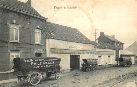 Ham-sur-Heure façade du magasin Emile Gillain - Fers Métaux Poutrelles Outillages - Avant 1916