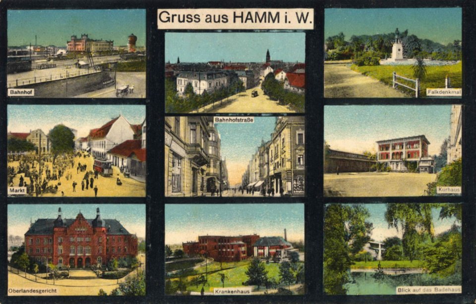 Hamm i. Westf., Nordrhein-Westfalen - Bahnhof; Falkdenkmal; Kurhaus (Zeno Ansichtskarten)