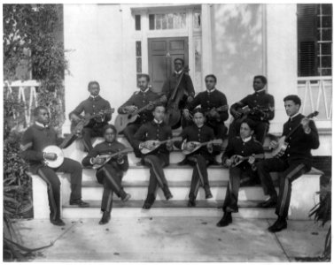 Hampton Institute, Hampton, Va., ca. 1898 - 11 students in uniform playing guitars, banjos, mandolins, and cello LCCN2001703821