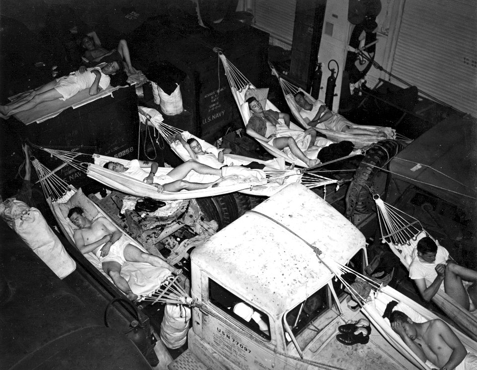 Hammocks in hangar of USS Intrepid (CV-11) during Magic Carpet c1945