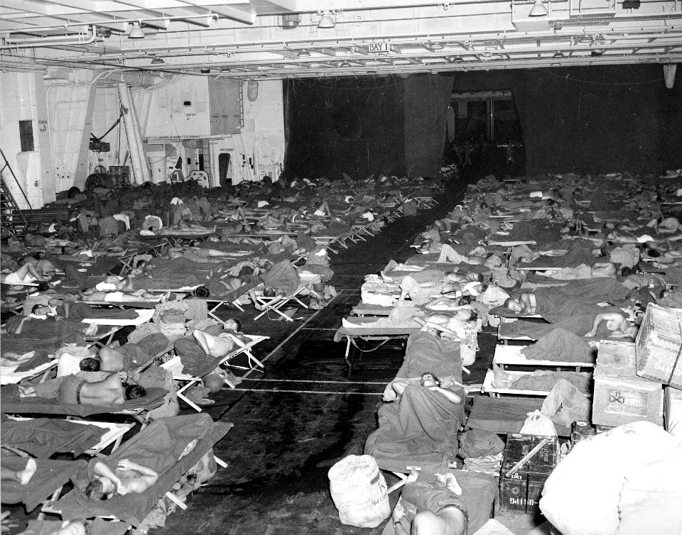 Hangar bay of USS Intrepid (CV-11) during Magic Carpet run c1945
