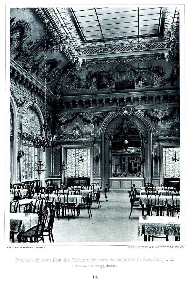 Innenansicht vom Saal der Restauration zum Baeckehiesel in Strassburg Architekt M. Schopp, Strassburg, Tafel 13, Kick Jahrgang II