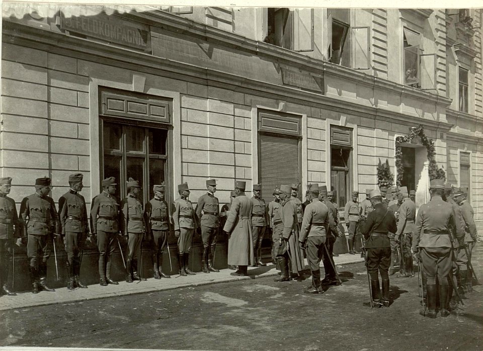 Inspizierung druch Sr.k.u.k.Hoheit Erzh. KARL FRANZ JOSEF. Meldung der Offiziere des 48. ITD.Kommandos in Kötschach. Standort, Kötschach. Aufgenommen, am 22. September 1915. (BildID 15460349)